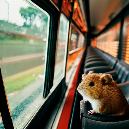 Image similar to photo of a train interior, a brown hamster is sitting on a seat, various poses, unedited, soft light, sharp focus, 8 k