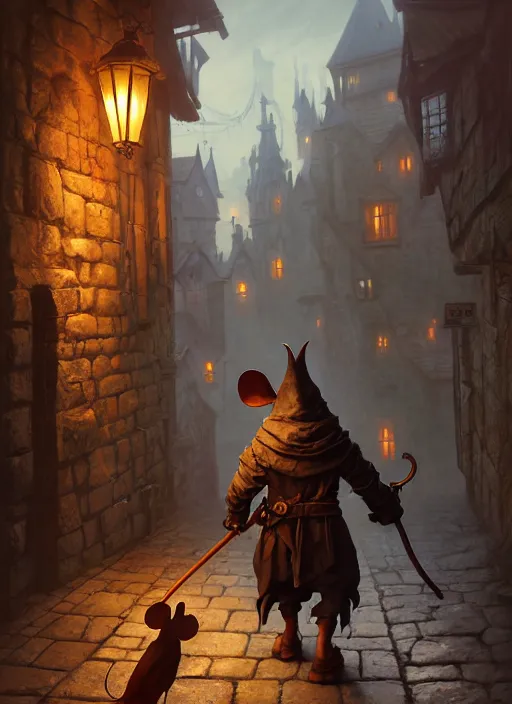 Prompt: hooded anthropomorphic mouse thief sneaking through a medieval town by night, DnD character, unreal engine, octane render, dramatic lighting, pond, digital art, by Stanley Artgerm Lau, greg rutkowski, thomas kindkade, alphonse mucha, loish, norman Rockwell