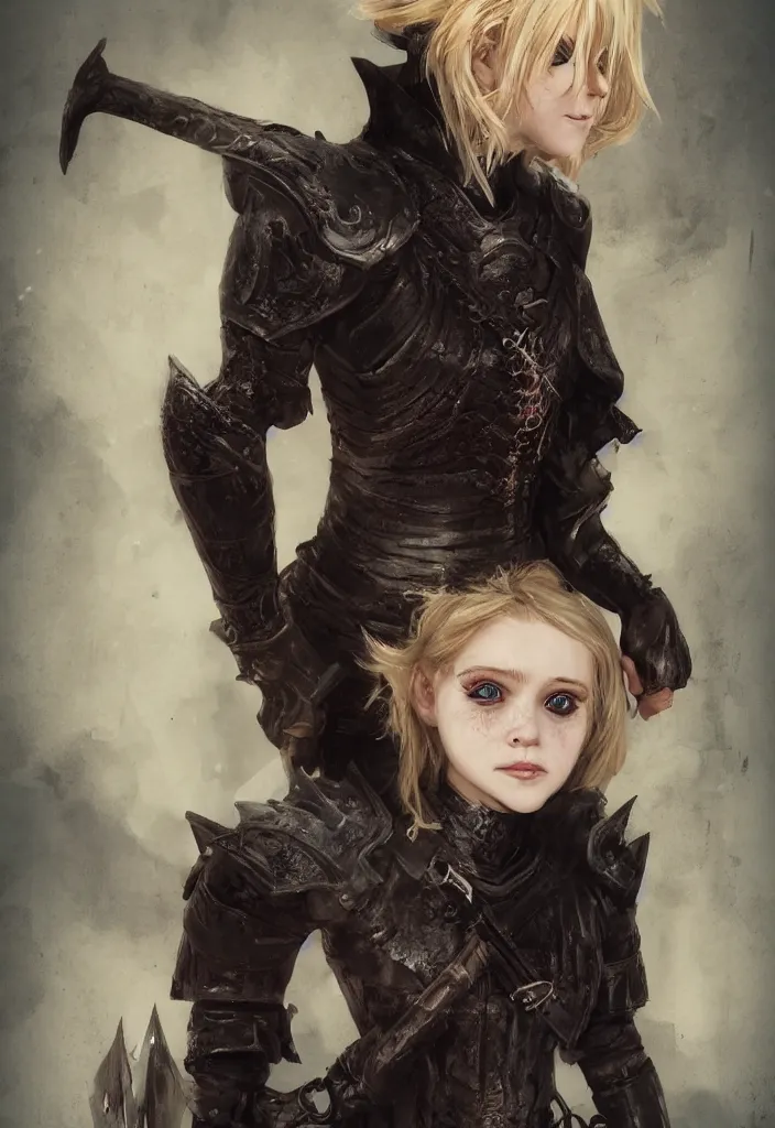 Prompt: blonde vampire girl, child, freckles, smiling, messy curly hair, dark leather armor, sword, portrait, concept art, trending on artstation