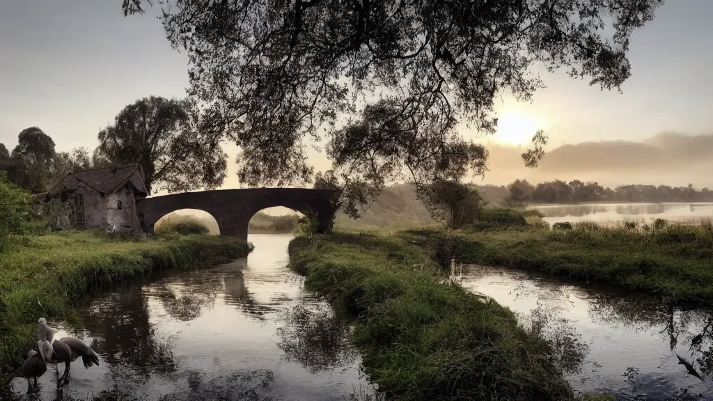 Image similar to small grey wooden cottage by the river, a tree with vines wrapped around it, two crows singing on the tree, tranquility, arch bridge over the river, the bridge path to remote, chill wind, an old man riding a skinny horse on the road, sunset