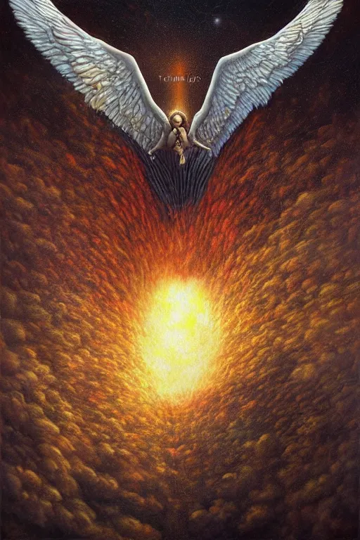 Image similar to icarus burning, his wings on fire as he flies too close to the sun. art by tomasz alen kopera.