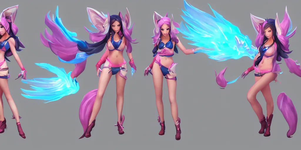 Prompt: Character sheet of pool party ahri (League of Legends). 3d unreal engine 5 trending on artstation