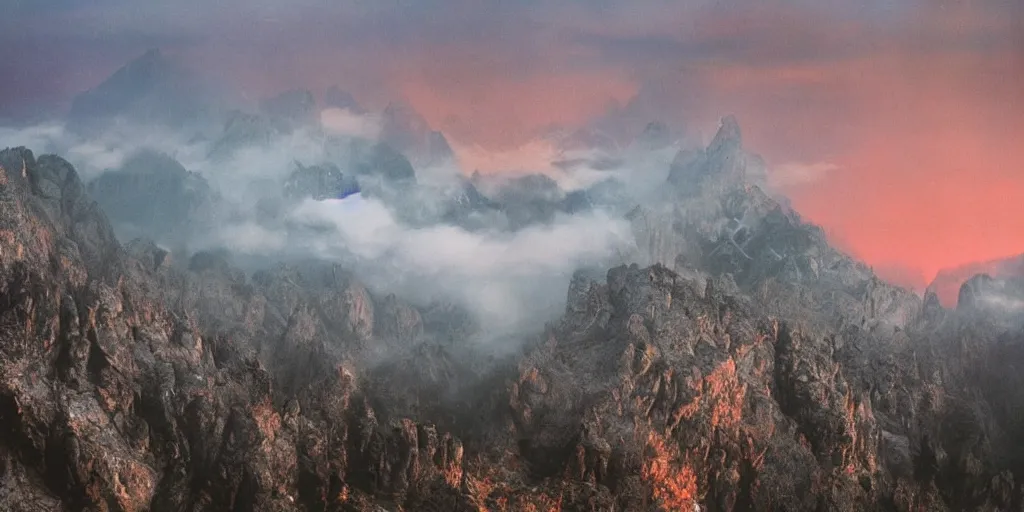 Image similar to 1 9 2 0 s color spirit photography 0 9 9 9 2 9 9 of alpine sunrise in the dolomites, red lit mountains, fog, by william hope, beautiful, dreamy, grainy