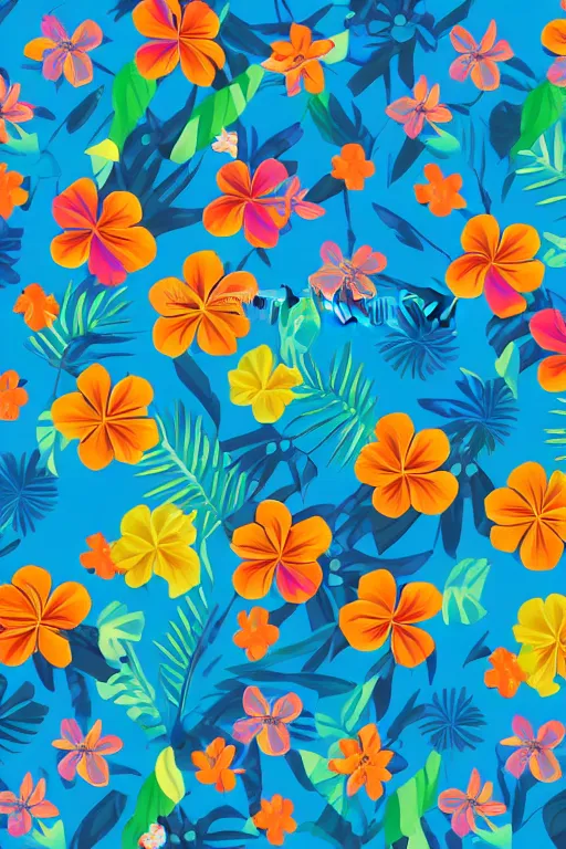 Image similar to detailed Vector illustration of tropical flowers with multiple cohesive colors ranging from warms blues to bright oranges, ((dark blue background)), 4K resolution