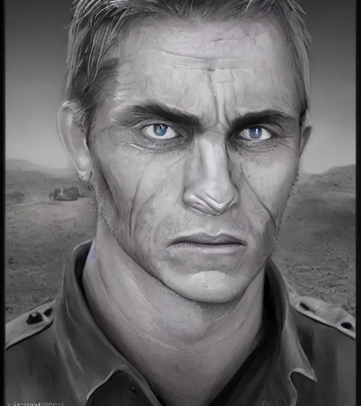 Image similar to portrait of muscular, tired and alcoholic 3 0 - year - ol 5 grieving man with short darkblonde hair, serious sad look in his eyes, looking down, dirty beard, blue eyes, crying tears, wearing dirty soldier uniform, on the desert, sad atmosphere, hyper realistic face, character art, art by mark brooks, cryengine, trending on artstation, digital art