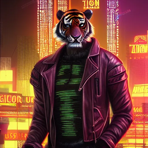 Image similar to a beautfiul award winning commission portrait of an anthro tiger in the neon cyberpunk city at night,wearing a leather jacket,glow effect,detailed face,photorealistic,character design by charles bowater,ross tran,deviantart,artstation,digital art,hyperdetailed,realistic,western comic style,vfx,dramatic,2021