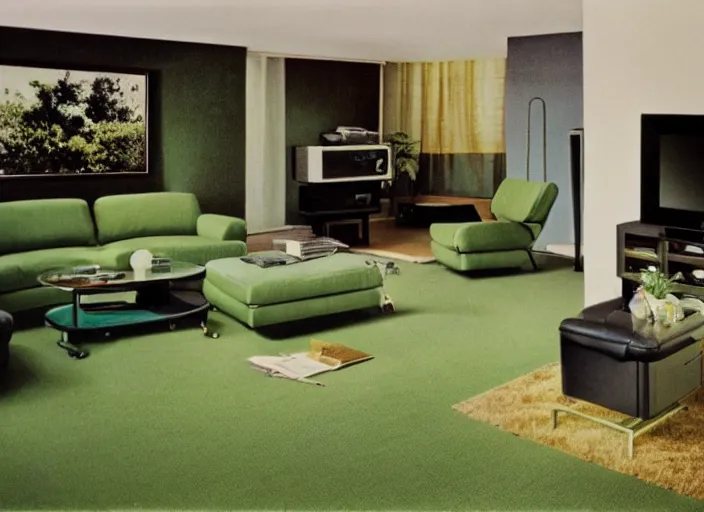 Prompt: 1 9 8 0 s living room with green carpet and a zenith television with atari 2 6 0 0, movie still, 8 k