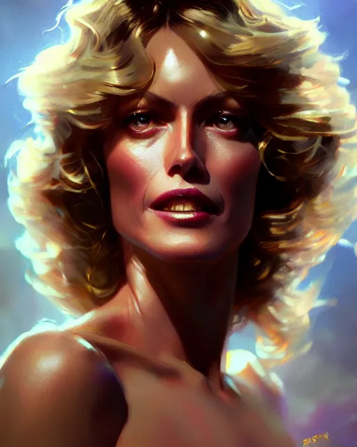 Image similar to photo of farra fawcett, film still, dslr, by greg rutkowski, enoch bolles, ross tran, artgerm, wlop glossy skin, intricate detail, art deco, pearlescent, very coherent, alluring