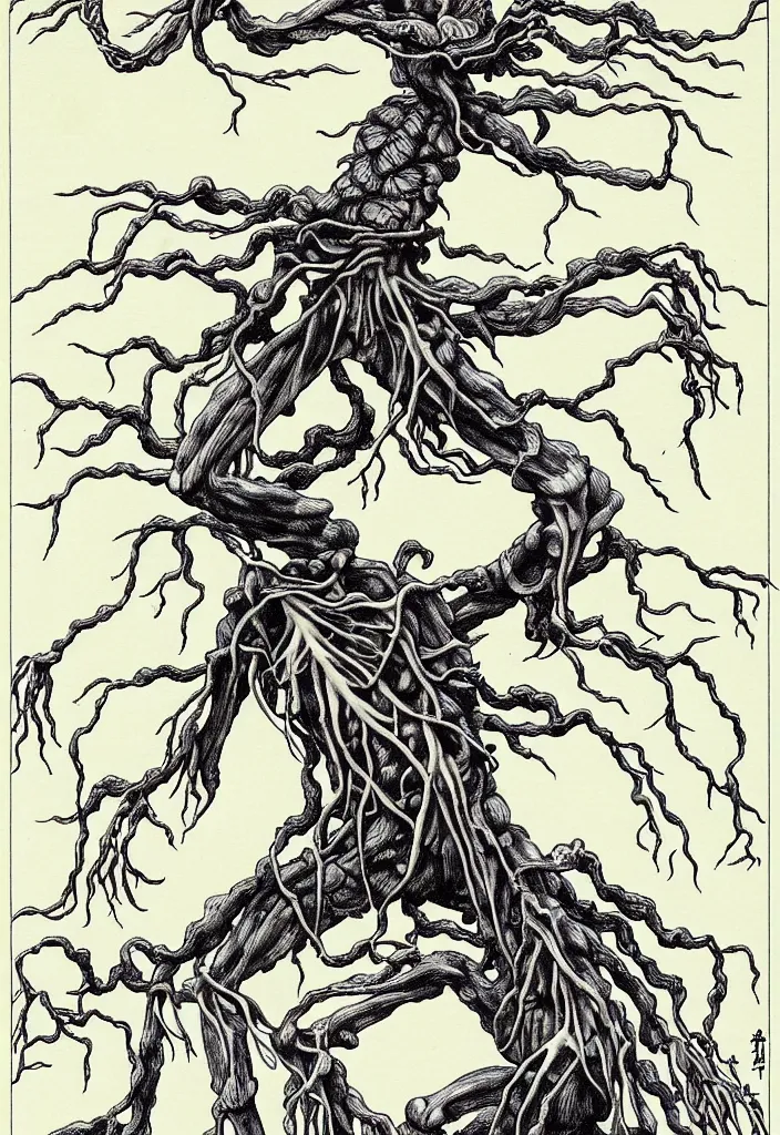 Prompt: prompt: anatomy dissection drawing of magical white skeleton Bonsai tree squid creature roots merging into big moon drawn by Takato Yamamoto, bonsai skeleton anatomy atlas, veins and organs attached to tree roots, alchemical objects inspired by 1980's sci-ci, intricate oil painting detail, manga 1980
