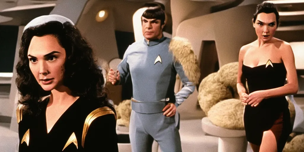 Image similar to a scene from Trouble with Tribbles, an episode of the original Star Trek series, with Gal Gadot, in Starfleet uniform, in the role of Captain Kirk