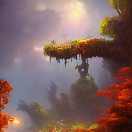 Image similar to overgrown sunken giant copper statue in the autumn forest, fantasy concept art by tyler edlin, antoine blanchard, thomas cole