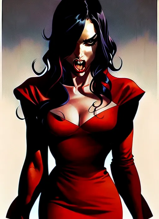 Image similar to artgerm, joshua middleton comic cover art, full body pretty megan fox vampire sharp teeth, red dress, symmetrical eyes, symmetrical face, long curly black hair, dark castle background background, cinematic lighting