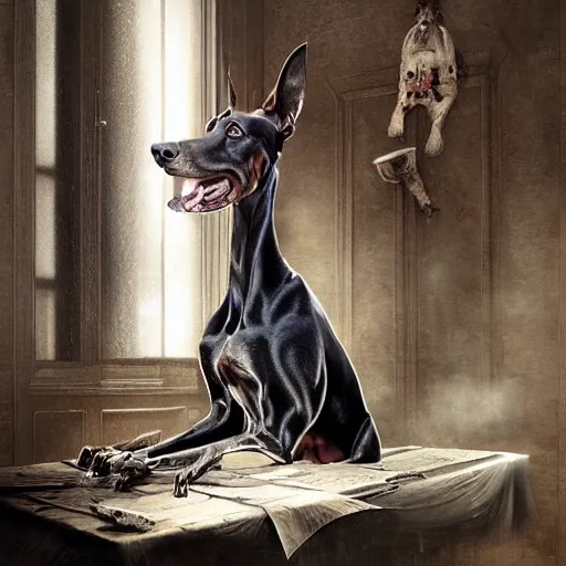 Prompt: michal karcz cartoon painting of a Doberman. , horror theme, detailed, elegant, intricate, 4k,