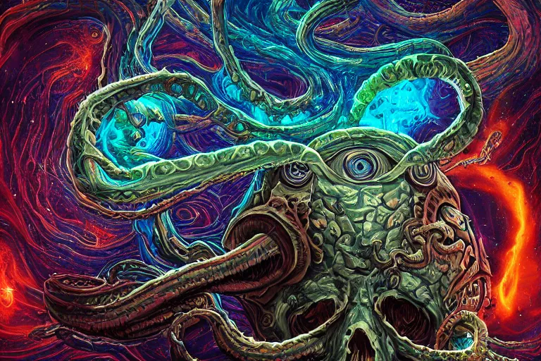 Image similar to a giant skull and flesh creature with deep and intricate rune carvings and glowing eyes and twisting lovecraftian tentacles emerging from a space nebula by dan mumford, twirling smoke trail, a twisting vortex of dying galaxies, digital art, photorealistic, vivid colors, highly detailed, intricate