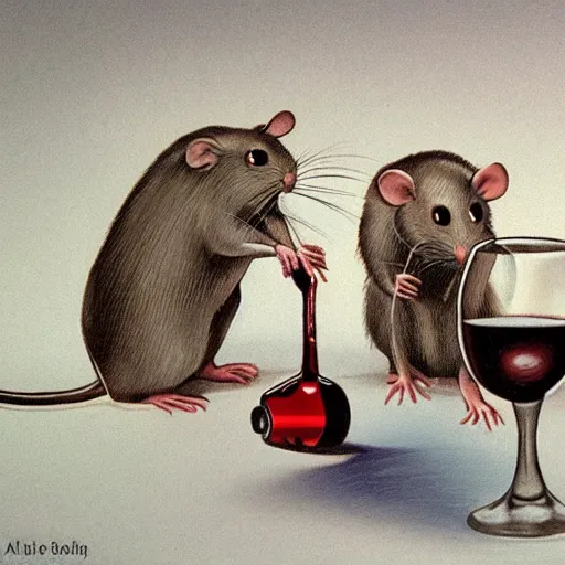 Prompt: rats drinking wine