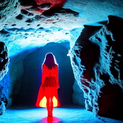 Prompt: style of Henry Peach Robinson:: The interior of an cave lit in red:: symmetrical detailed woman Stella Maeve who is screaming scared face:: blue neon light coming from the back of the cavern:: mysterious atmosphere::