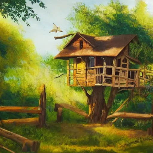 Image similar to treehouse in the countryside on a sunny day, peaceful, dreamy, brush strokes, oil painting