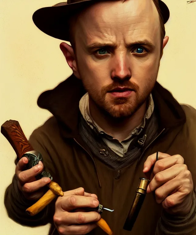 Prompt: portrait of jesse pinkman as a hobbit, smoking a wooden pipe, headshot, highly detailed, digital painting, artstation, concept art, sharp focus, cinematic lighting, illustration, art by artgerm and greg rutkowski, alphonse mucha, cgsociety