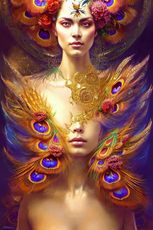 Prompt: ultradetailed portrait of an empress of beauty!, a grand golden throne, beautiful flowers and butterflies, crown made of peacock feathers by greg rutkowski, karol bak and peter mohrbacher, volumetric lighting, magical realism, celestial goddess, ornate.