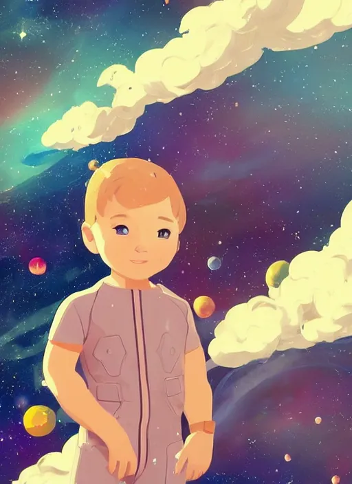 Image similar to little boy with short blonde hair. he is floating in space. he is wearing a space suit. background is a nebula. clean cel shaded vector art. shutterstock. behance hd by lois van baarle, artgerm, helen huang, by makoto shinkai and ilya kuvshinov, rossdraws, illustration, art by ilya kuvshinov