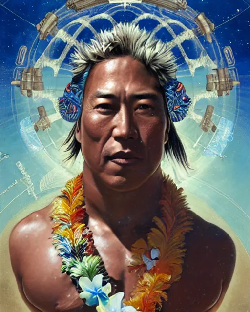 Prompt: duke kahanamoku as a hawaiian warrior surrounded by intergalactic planets connected by streams of multiversal flow, sigma male, gigachad, visually stunning, luxurious, by wlop, james jean, jakub rebelka, tran nguyen, peter mohrbacher, yoann lossel