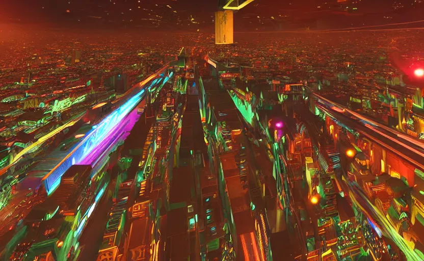 Prompt: macro up view of a giant human metallic of 1 km of hight walking on the small city, tron, close up bokeh hiperrealistic neon glow darkness dramatic neon f - zero ships, sharp focus, octane render, imax