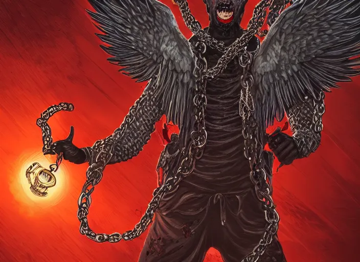 Image similar to lucifer, dark angel, hybrid human with snake, red eyes, chain, handcuffs, large chain, wide open mouth, scream, cruelty, sea bottom, light effect, highly detailed, artstation, concept art, matte, sharp focus, illustration, by dan mumford, yusuke murata, makoto shinkai, ross tran