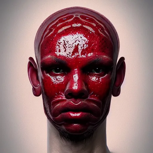 Prompt: man's head made out of strawberry skin, head is exploding in a swirl of jam : ornate, dynamic, particulate, intricate, elegant, highly detailed, centered, artstation, smooth, sharp focus, octane render