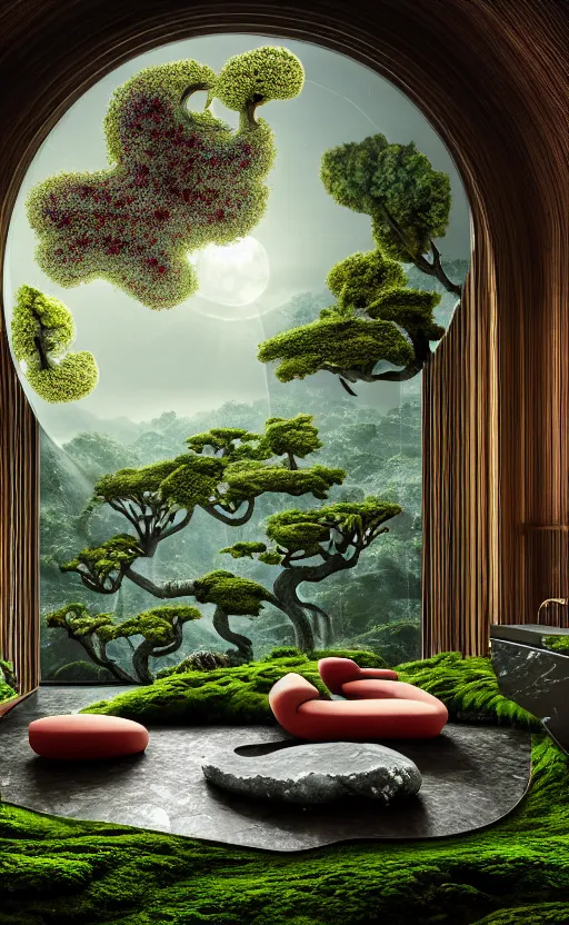 Prompt: highly detailed sharp villa interior cinematic composition of biophilic ceramic porcelain magnolia stone nebula fluid sci - fi surreal colorful daisies architecture landscape, furniture, granite, trees, marble, moss, lichen, fungi, vincent callebaut composition, mamou - mani, cinematic morning light, 8 k, unreal engine, hdr