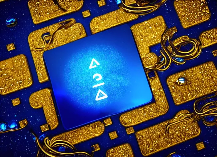 Image similar to flat square magic golden computer chip with runes and a glowing blue crystal in the center, mana flowing around it, flat and dark background, product photo, macro, dynamic composition, hyperrealism, octane render, trending on artstation, unreal engine 5, 4 k, 8 k