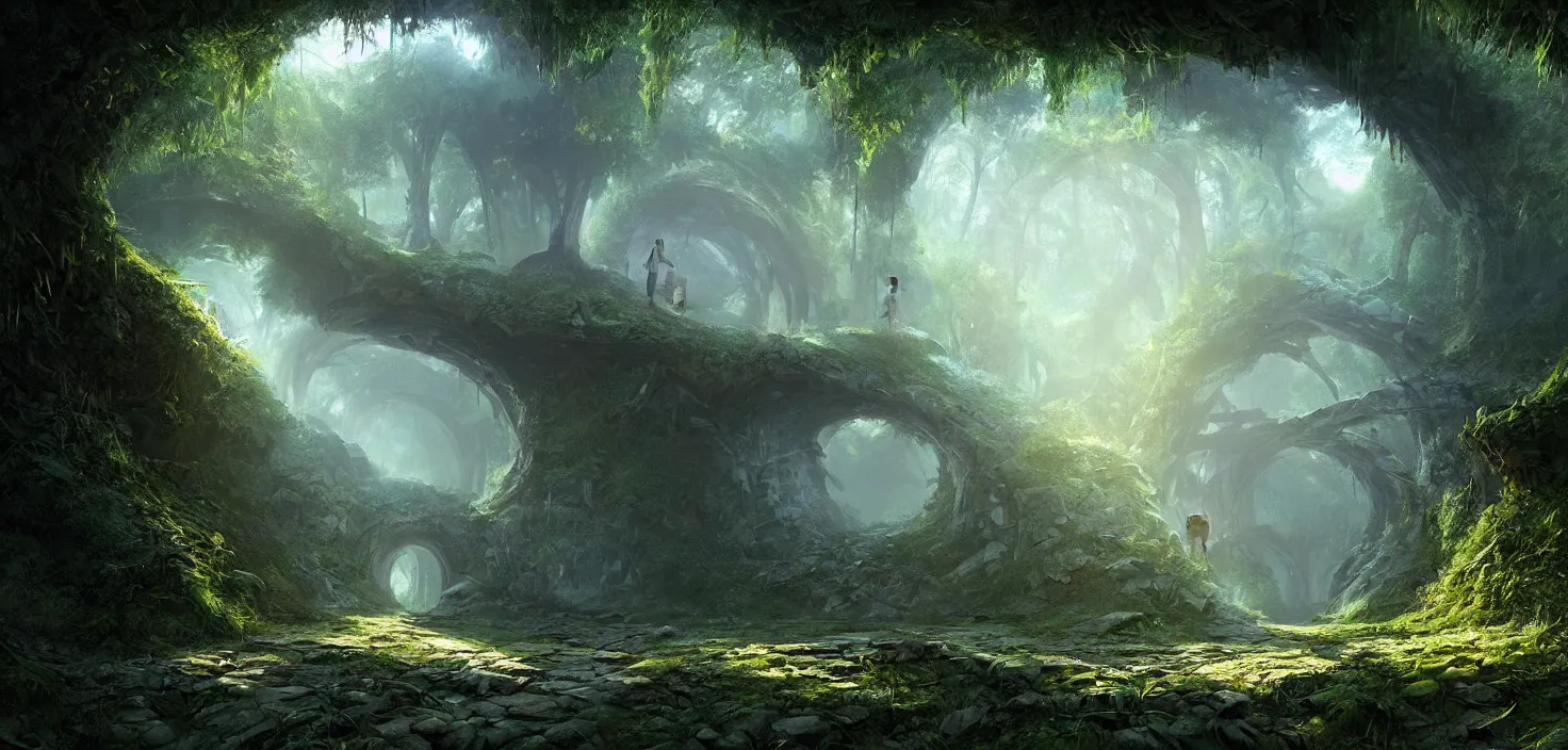Image similar to tunnel in the middle of a forest, a matte painting by stephan martiniere, featured on cgsociety, fantasy art, matte painting, unreal engine 5, tesseract