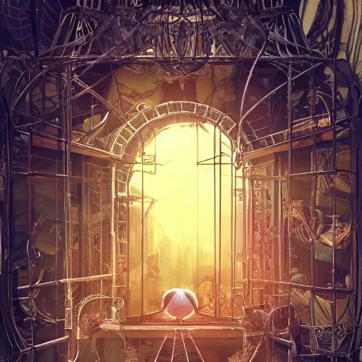 Image similar to intricate cage with bird of paradise steampunk, matte painting, cinematic, epic composition, detailed, atmospheric, wide angle, artstation trending