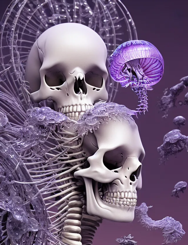 Image similar to 3 d goddess skeleton macro close - up portrait with crown made of ram skull. betta fish, jellyfish phoenix, bioluminiscent, plasma, ice, water, wind, creature, super intricate ornaments artwork by tooth wu and wlop and beeple and greg rutkowski