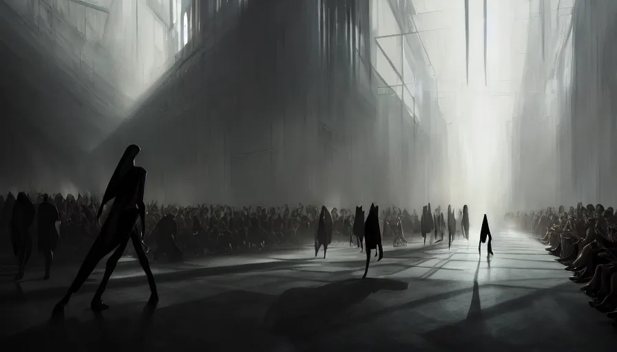 Image similar to rick owens runway show, light, shadows, reflections, steam, epic composition, intricate, elegant, volumetric lighting, digital painting, highly detailed, artstation, sharp focus, illustration, concept art, ruan jia, steve mccurry