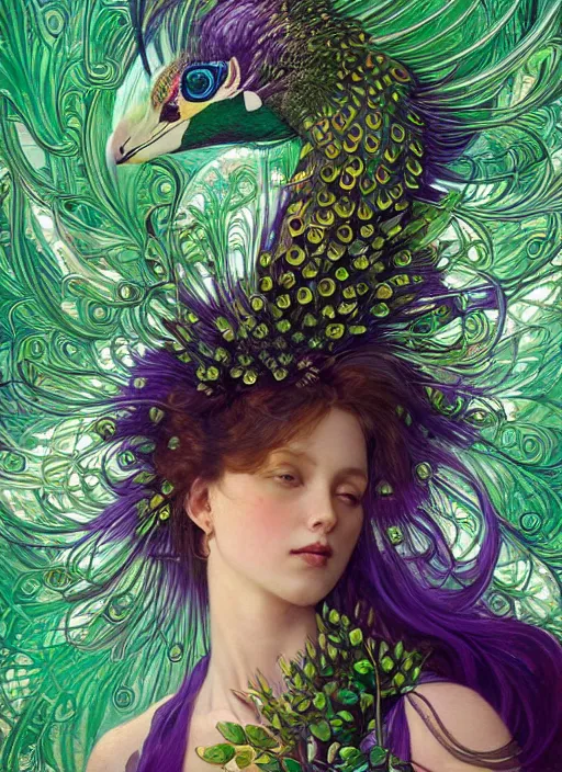 portrait of woman, peacocks, green and purple spike | Stable Diffusion ...