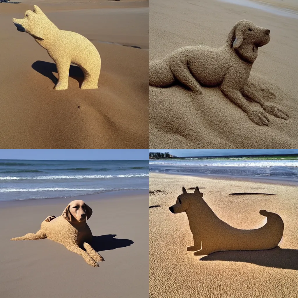 Prompt: dog made out of sand dog made out of sand dog made out of sand on beach dog made out of sand