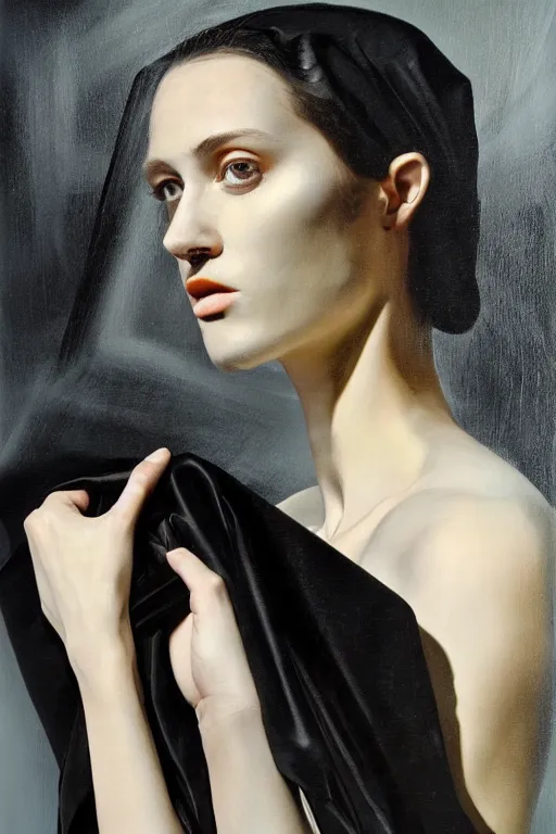 Prompt: hyperrealism mixed with classicism, oil painting, close - up portrait of fashion model with abstract and surrealism painting at skin, fully clothes in black reflect robe, complete darkness, in style of classicism mixed with 8 0 s sci - fi hyperrealism