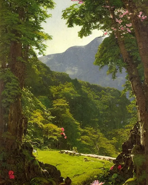 Image similar to detailed painting of a beautiful glen, untouched by humans for years, with a brooding fairy inside it. sunlight beams down on the scene and you can tell it is spring from the flowers. perhaps a party of adventurers or a lone traveler is entering the scene from the a path. by norman rockwell