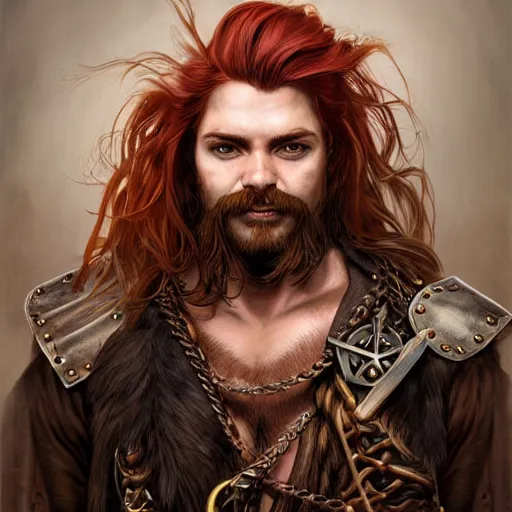 Image similar to portrait of a boar - man hybrid pirate, male, handsome, masculine, full body, red hair, long hair, soft hair, fantasy, intricate, elegant, highly detailed, steampunk, airship, digital painting, artstation, concept art, character art, smooth, sharp focus, illustration, art by artgerm and greg rutkowski and alphonse mucha