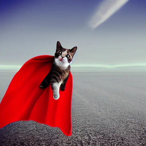 Prompt: cat with a red cape flying through the sky in a superman pose
