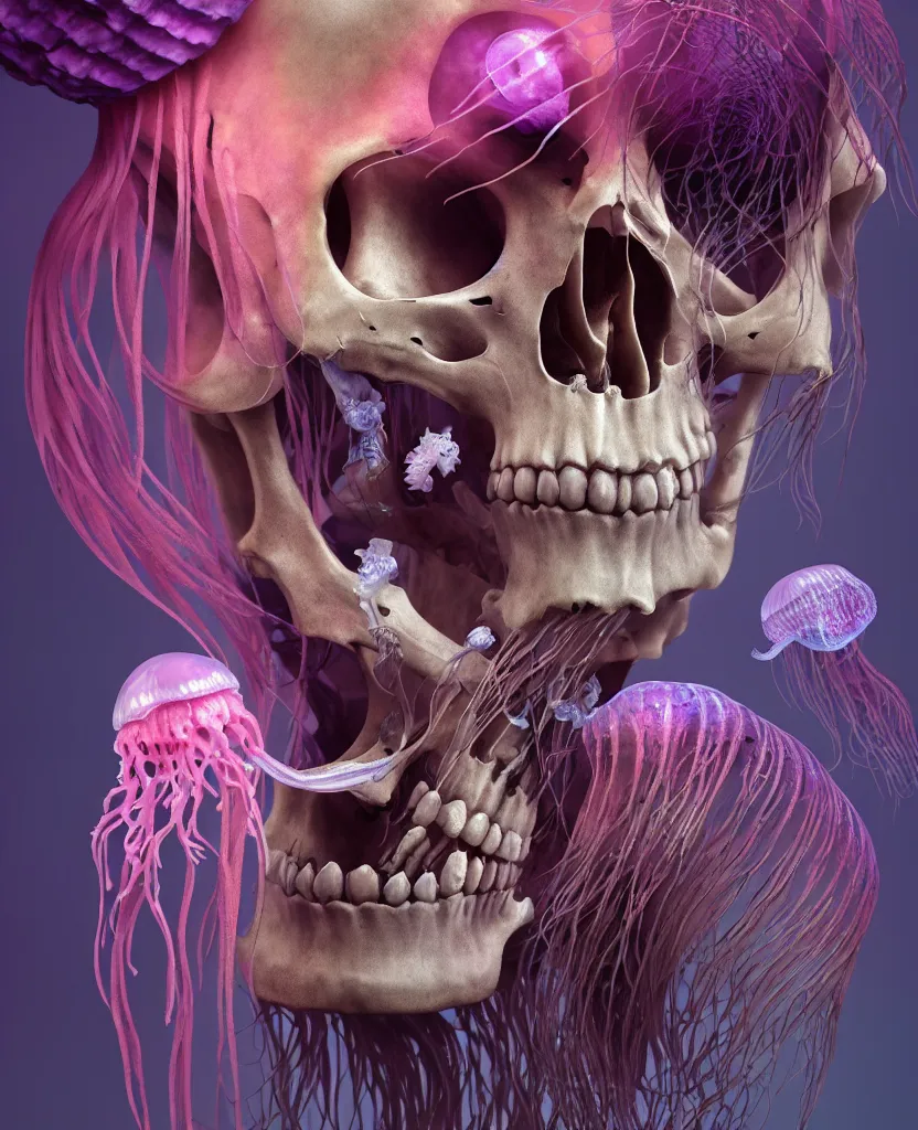 Image similar to goddess close - up portrait human skeleton, ram skull, jellyfish, orchid, betta fish, bioluminiscent, intricate artwork by tooth wu and wlop and beeple. octane render, trending on artstation, greg rutkowski very coherent symmetrical artwork. cinematic, hyper realism, high detail, octane render, 8 k