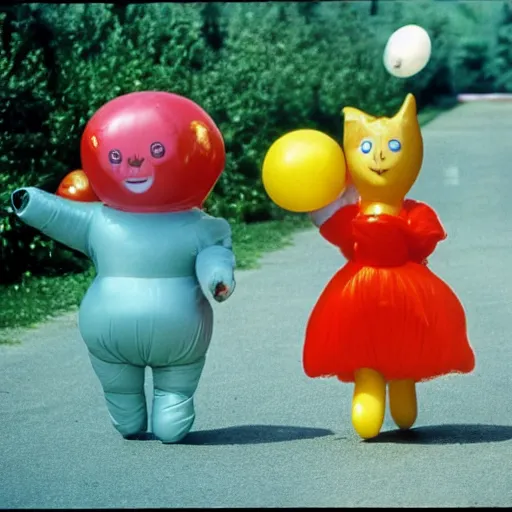 Image similar to Still from an Agnes Varda film about two housewives dressed as inflatable toys running away from their problems, Technicolor 1980