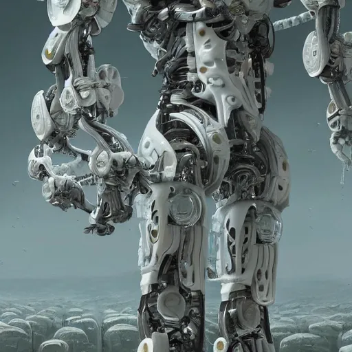 Prompt: intricate bio - robot human organs intertwined with white bio - robot flowers, intricate environment, matte painting, cinematic, epic composition, highly detailed, atmospheric, wide angle, artstation trending