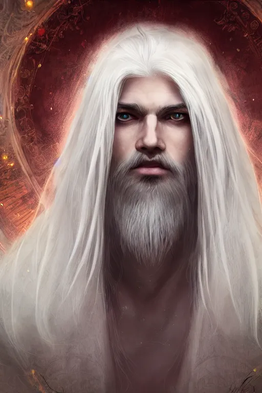 Image similar to white haired robe fu xi full male front body portrait, very long white beard and hair, long hair shawl, fine kindness delicate prefect face features gaze, piercing eye, elegant, style of tom bagshaw, cedric peyravernay, peter mohrbacher, victo nga, 4 k hd illustrative wallpaper, animation style, chinese style