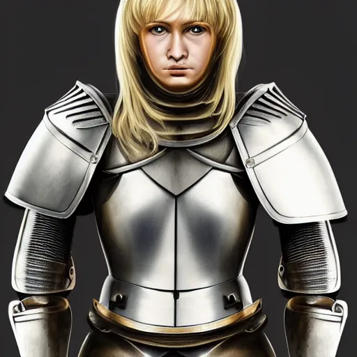 Prompt: a blond female knight wearing plate armor, tensed, ready for battle, digital art, 4k