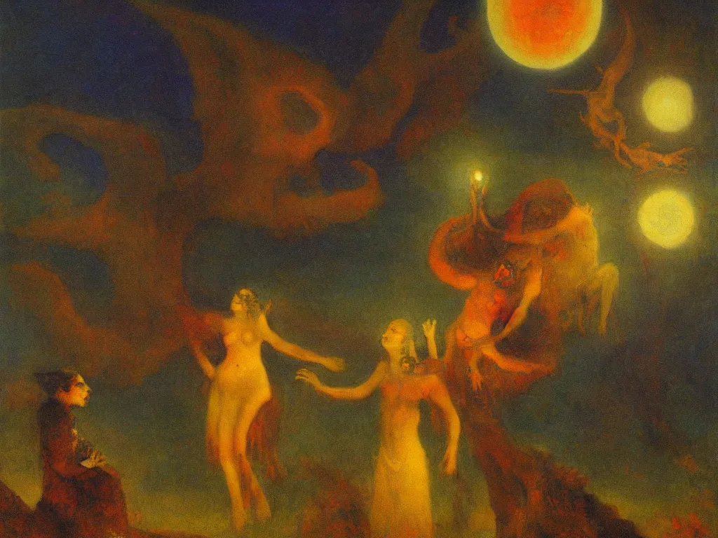 Prompt: dramatic lighting colorful surrealist symbolist oil painting titled'mama here comes midnight with the dead moon in its jaws ', magical realism symbolist, wooded landscape with hybrid animal figures, painted by arnold bocklin and odilon redon and max ernst, shocking detail trending on artstation 8 k