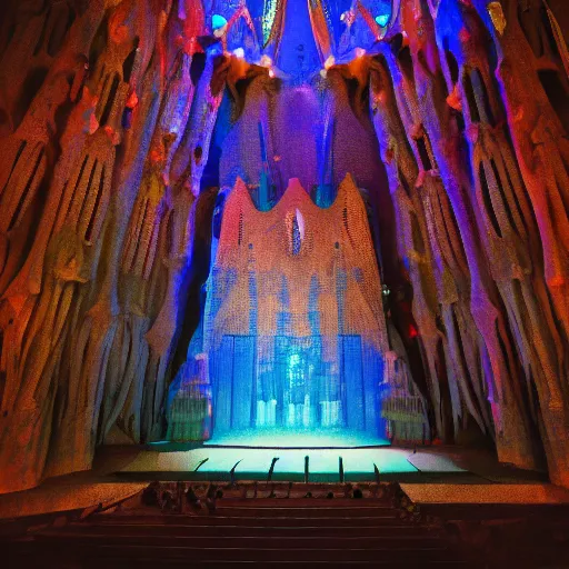 Prompt: glowing translucent theater stage in la sagrada familia, punk fanzine illustrations, dark room, science fiction magazine, cut up collage, 4 k close up, wide angle, polaroid 6 0 0