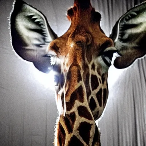 Image similar to real giraffe inside creepy scary nightmare atmosphere, horror spooky