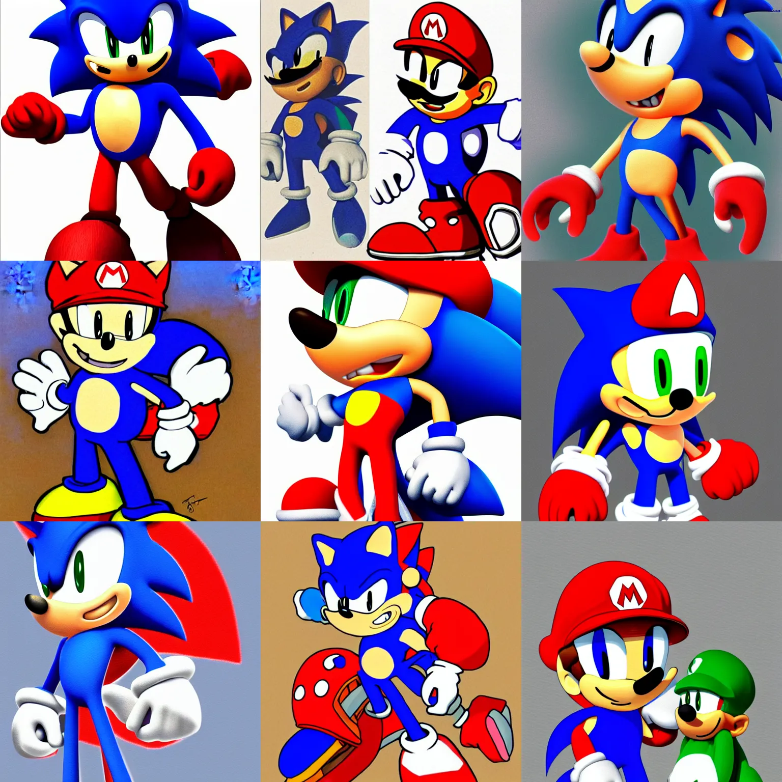 Prompt: sonic the hedgehog dressed with mario ’ s clothes from super mario bros, concept art, drawn by greatest artist on artstation.