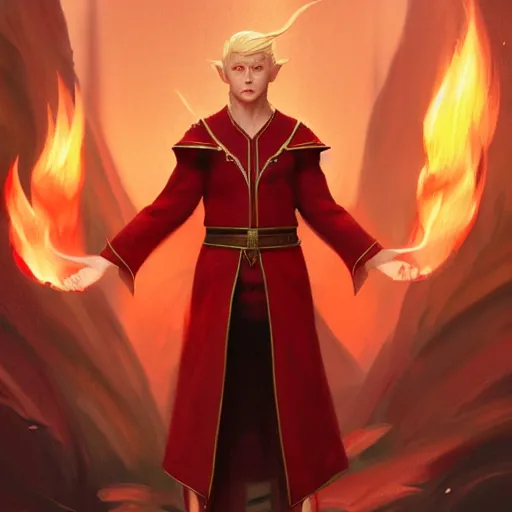 Image similar to middle adged blonde male elf wizard in red robes, surrounded by fire, epic wallpaper, high fantasy, trees, intricate detail, digital painting, artstation, concept art, smooth, sharp focus, illustration, art by greg rutkowski and wlop and raymond swanland and ross tran